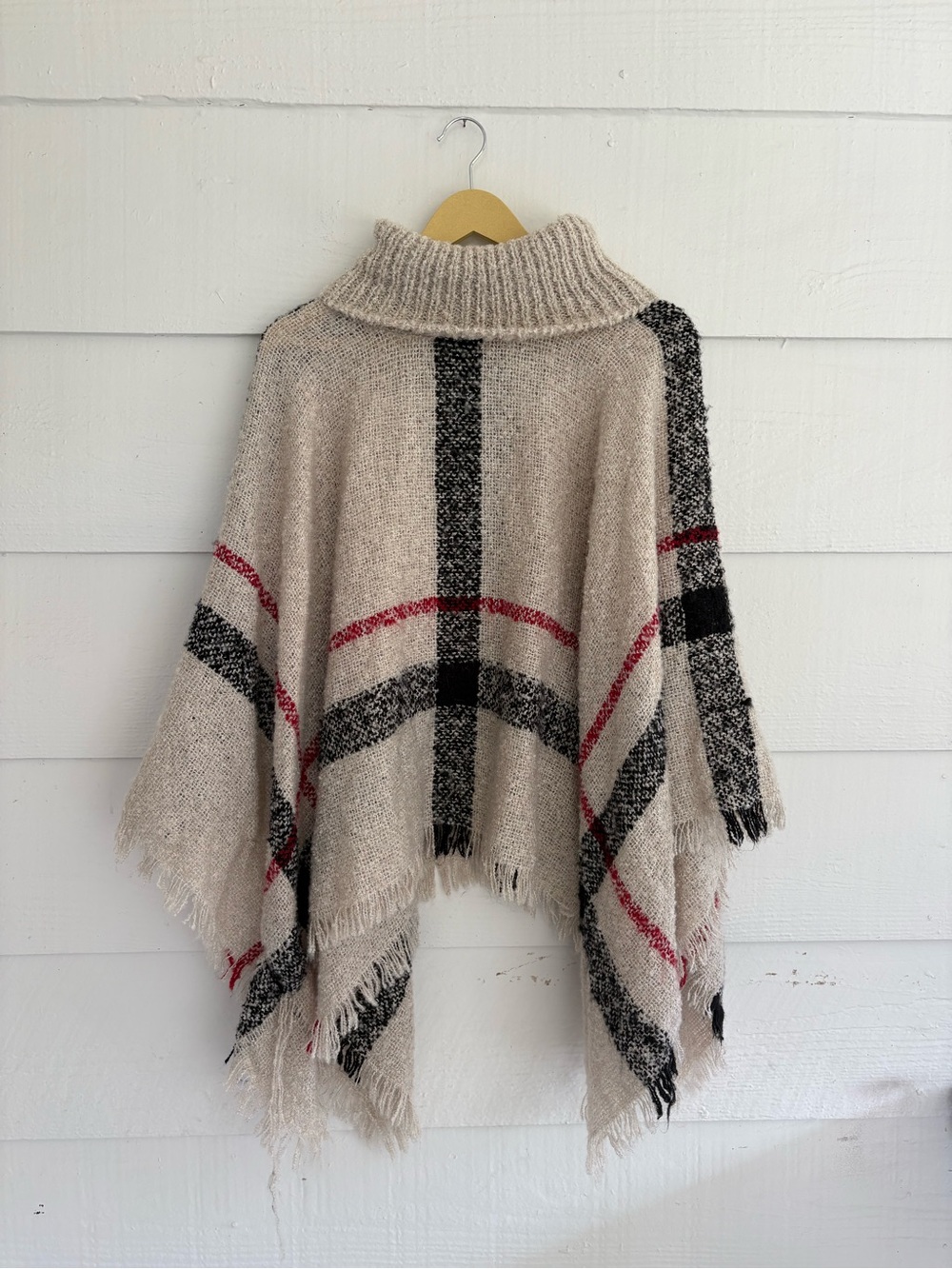 Izabel London Beige Plaid Turtleneck Poncho Sweater Size 4/6 Fringe Cape